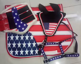 Luxury Handmade American Flag Themed Saddle Pad Numnah, Fly Veil and Brushing Boots